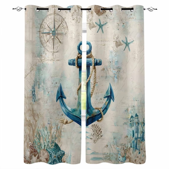 Teal Anchors Coastal Blackout Curtains for Bedroom Living Room Darkening Curtains 54 Inch Long Vintage Summer Beach Nautical Short Curtain for Small Window Treatment Grommet Drapes 42"x54"x2