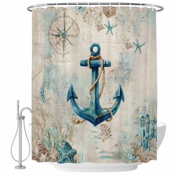 Teal Anchors Coastal Shower Curtain, Waterproof Shower Curtains for Bathroom, Vintage Summer Beach Nautical Washable Fabric Bathtub Curtain Set Bath Decor with 12 Hooks Extra Long 72"x96"