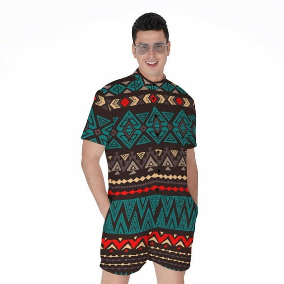 Teal And Brown Aztec Pattern Short Sleeve Men'S Rompers Casual Summer Jumpsuits Outfit