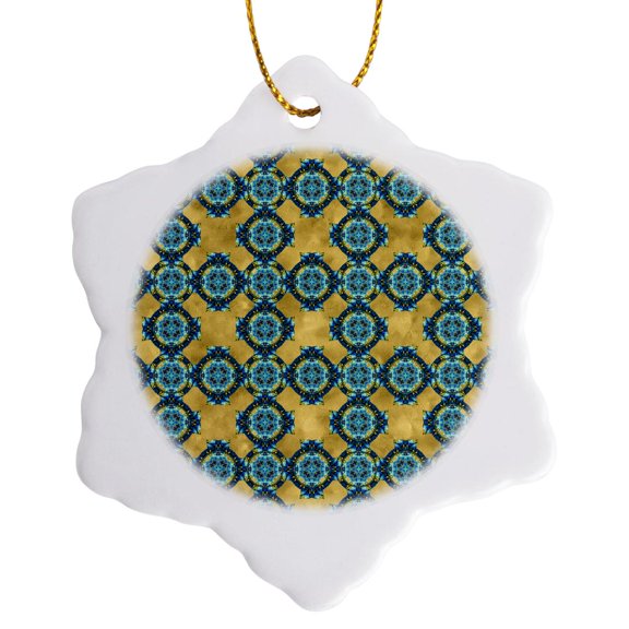 3drose, Teal and Image of Gold Circle Geometric Pattern, 3 inch Snowflake Porcelain Ornament