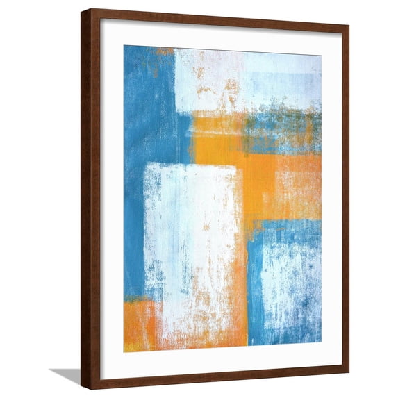 Art.com Teal And Orange Abstract Art Painting Art Print by T30Gallery, Brown Frame Wall Art, 23" x 29"