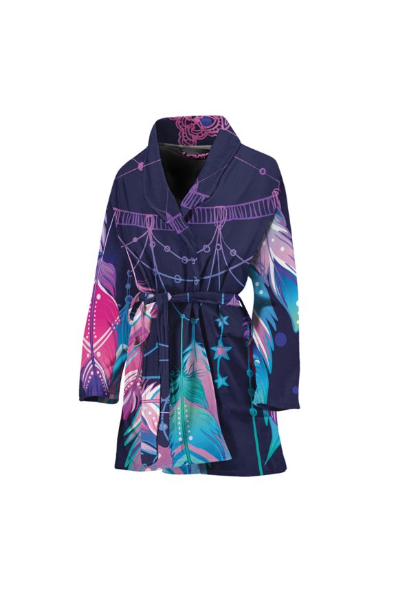 Teal And Purple Dream Catcher Women Bathrobe One Size Univeral Fits, Bohemian Mandala Yoga Boho Fashion Lightweight Plush Fleece Long Robe For Women