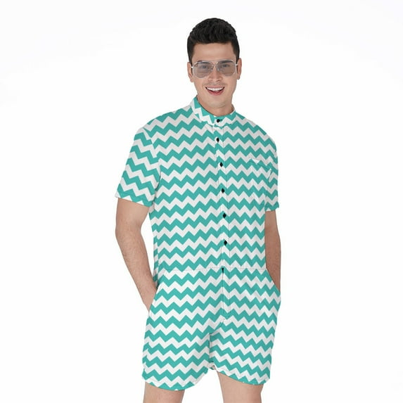 Teal And White Chevron Pattern Short Sleeve Men'S Rompers, Chevron Wave Casual Summer Jumpsuits Outfit