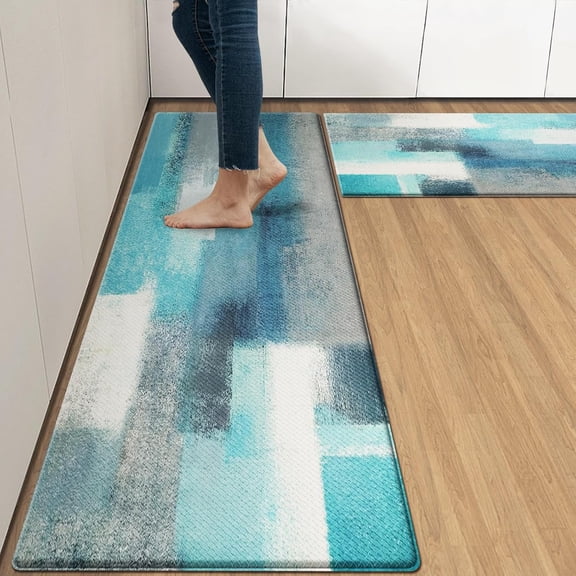 Teal Anti-Fatigue Kitchen Rug Set of 2 Grey Abstract Cushioned Floor Standing Mat Waterproof Non-Slip Mat and PVC Ergonomic Comfort Foam Rug