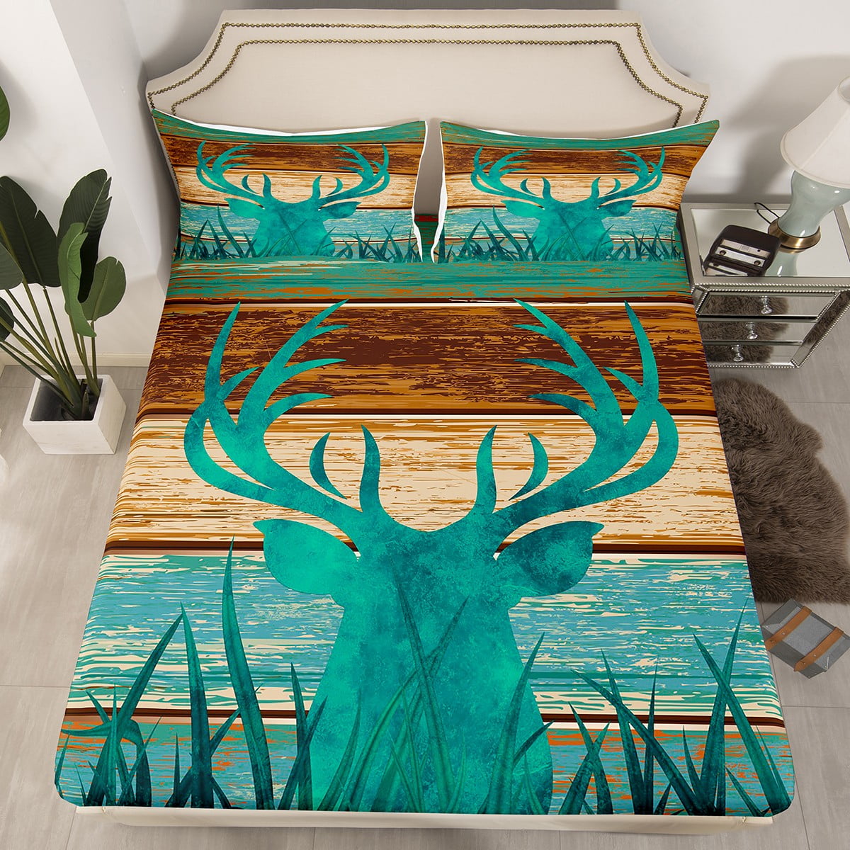 Teal Antler Fitted Sheet Twin Elk Deer Silhouette Rustic Bed Sheets ...