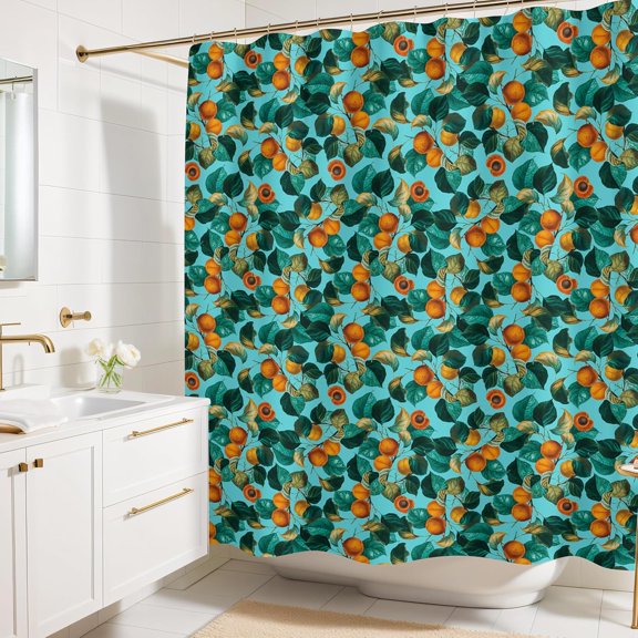 Teal Apricot Leaf Print Shower Curtain - Colorful Botanical Fruit Floral Pattern - Modern Home Decor - Bold Colorful Hotel Style Fabric Shower Curtain For Any Bathroom - 72x72 Inches (Apricot)