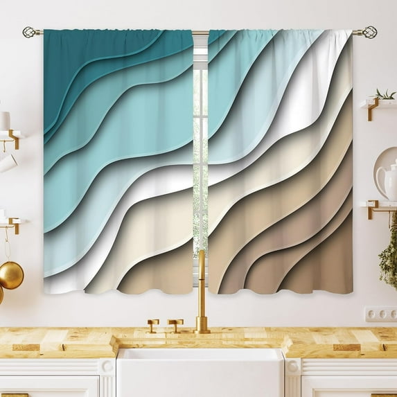 Teal Aqua Blue Ocean Small Kitchen Curtains Sea Window Treatment Wave Turquoise Geometric Cafe Short Window Curtains for Bathroom Dining Room Abstract Beach Tier Treatment Drapes 27.5x39 inch