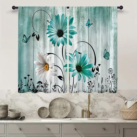 Teal Aqua Daisy Floral Kitchen Curtain 27.5W X 39L Inch 2 Panel Rod Pocket Rustic Flower Farmhouse Turquoise Butterfly Wooden Small Short Cafe Tier Window Drape Country Vintage Bathroom Decor