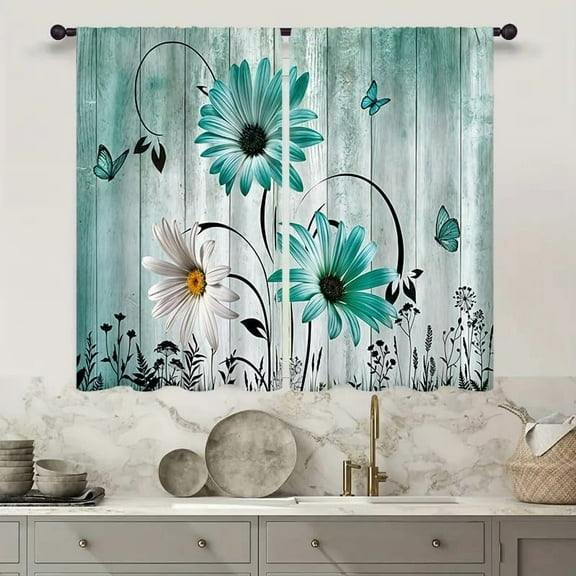 Teal Aqua Daisy Floral Kitchen Curtain 27.5W X 39L Inch 2 Panel Rod Pocket Rustic Flower Farmhouse Turquoise Butterfly Wooden Small Short Cafe Tier Window Drape Country Vintage Bathroom Decor