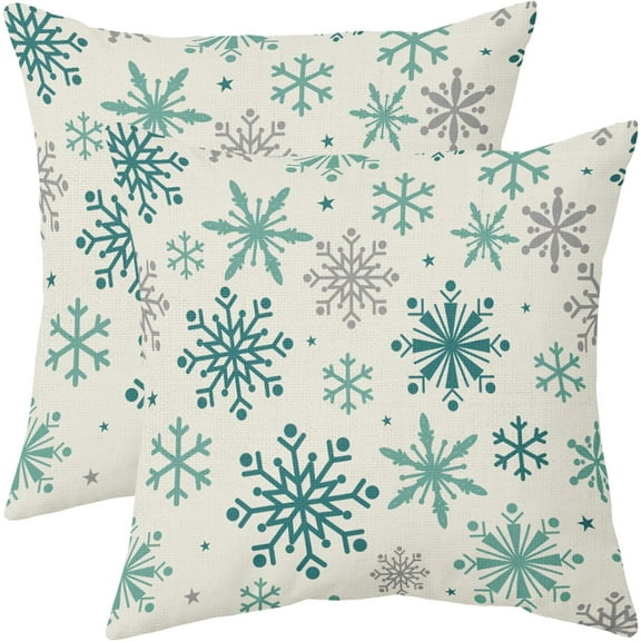 Teal Aqua Grey Gray Winter Snowflakes Pillow Covers 18x18 Set of 2 Christmas Decorative Throw Pillows Outdoor Farmhouse Xmas Holiday Seasnoal Pillowcases Cushion Case Decor for Home Sofa Couch Bed