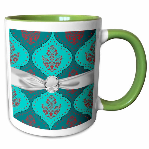 3drose, Teal Aqua Red White Henna Style Damask Pattern Faux Diamond Ribbon, 11oz Two-tone Green Mug
