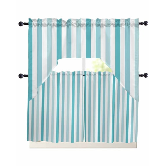 Teal Aqua Stripe Kitchen Curtains Sets 24 Inch Length with Valance, Gradient Geometric White Vertical Striped Swag Valances and Tiers Curtain Set Drapes Swag Curtains for Living Room, Bathroom
