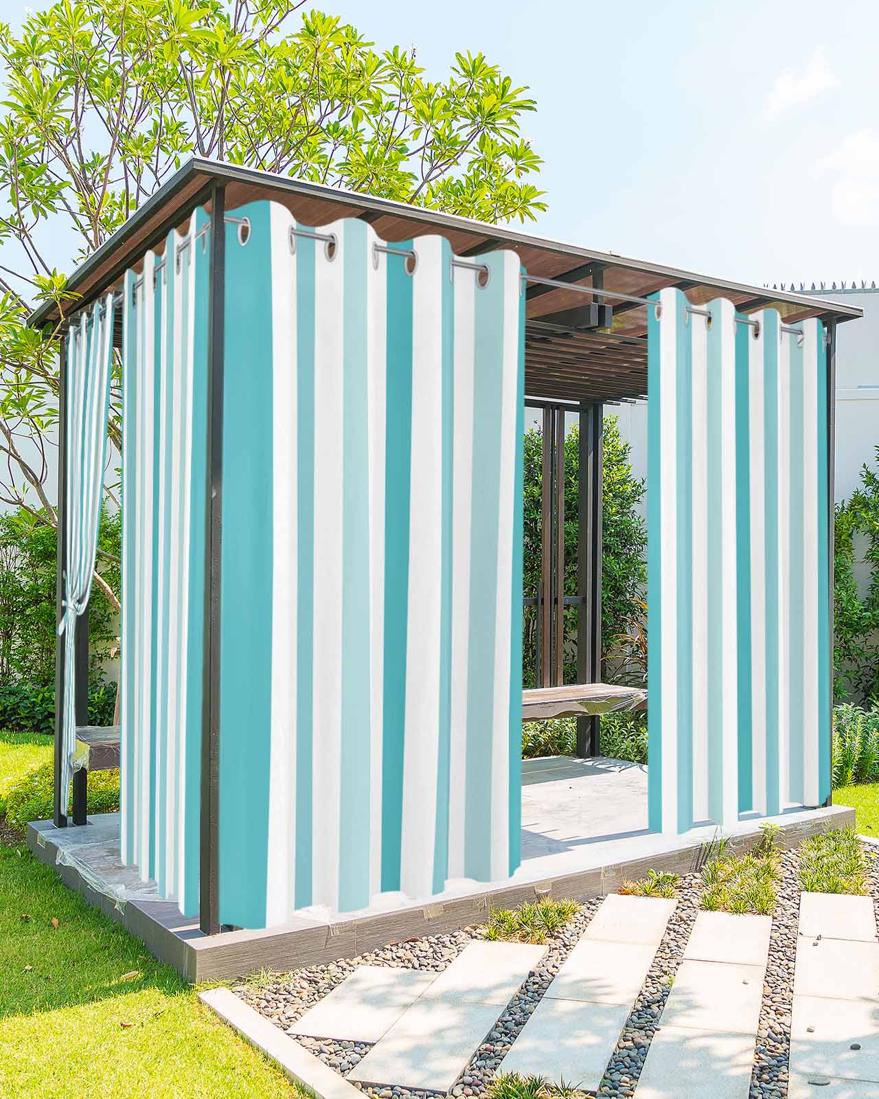 Teal Aqua Stripe Outdoor Curtains for Patio, Gradient Geometric White Vertical Striped Privacy Drapes Grommet Waterproof Outside Curtains for Porch/Cabana/Balcony 54"x 84", 2 Panel