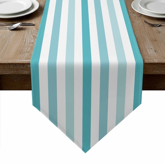 Teal Aqua Stripe Table Runner Linen Burlap Table Runner 48 Inches Long Gradient Geometric White Vertical Striped Dresser Scarves for Kitchen Island Coffee Dining Room Party Holiday Decoration 13"x48"