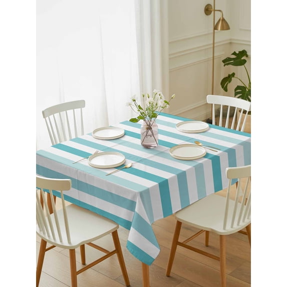 Teal Aqua Stripe Tablecloth Rectangle Table Cloth 52x70, Waterproof Tablecloth Outdoor Table Cloth, Gradient Geometric White Vertical Striped Washable Table Cover for Kitchen Dinning Party