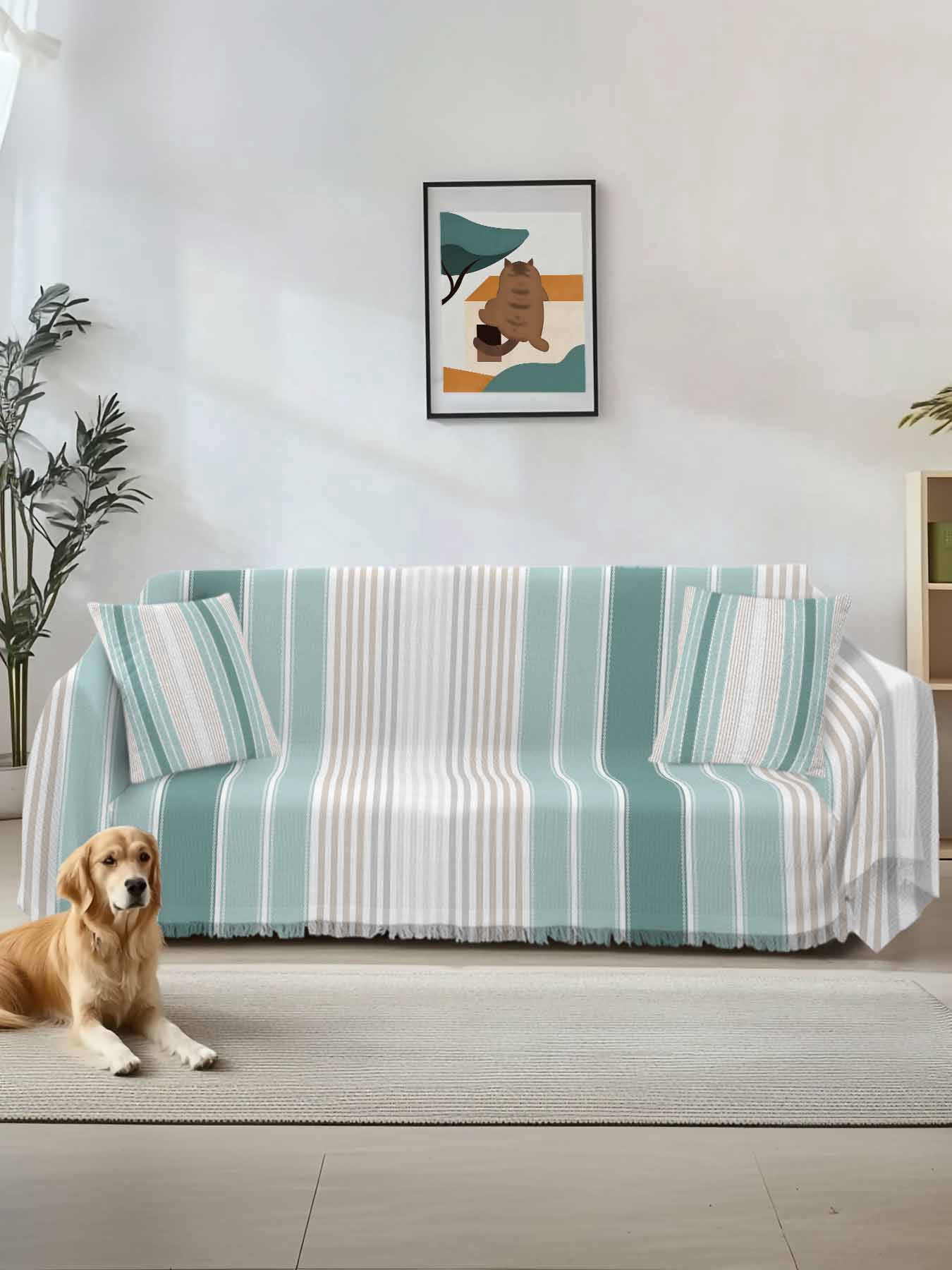 Teal Aqua Stripes Couch Cover, Minimalist Abstract Vertical Lines Oversized Sofa Cover Blanket for 3 Cushion Couch,Sectional Sofa Slipcover Furniture Protector for Living Room Bedroom 71''x150''