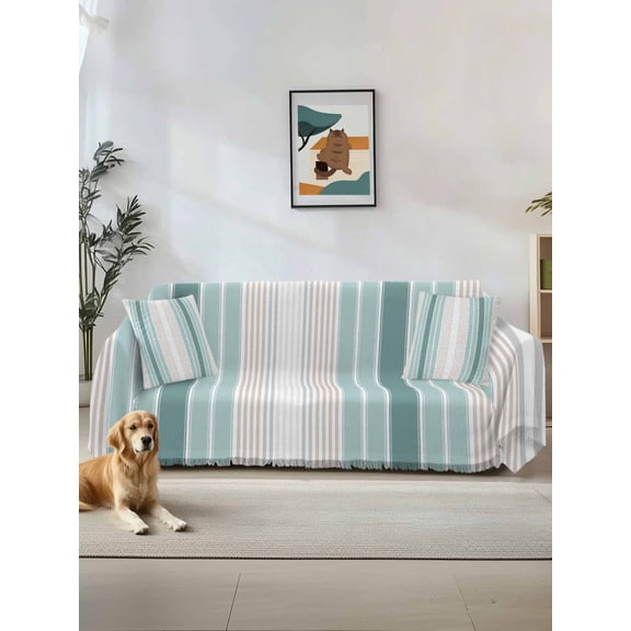 Teal Aqua Stripes Couch Cover, Minimalist Abstract Vertical Lines Oversized Sofa Cover Blanket for 3 Cushion Couch,Sectional Sofa Slipcover Furniture Protector for Living Room Bedroom 71''x150''