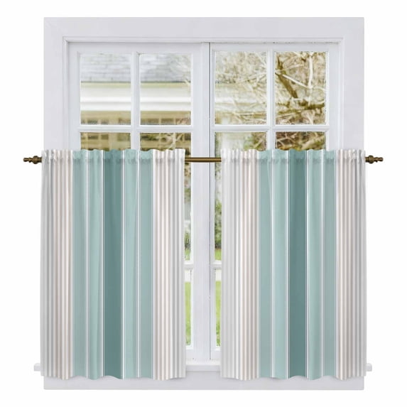 Teal Aqua Stripes Kitchen Curtains, Minimalist Abstract Vertical Lines Light Filtering Window Curtain Panels, 2Pcs Rod Pocket Window Treatments Set for RV Dining Room Study Room 42x45 Inches