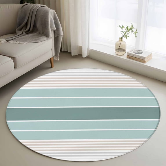 Teal Aqua Stripes Round Area Rug 4 FT, Non Slip Indoor Outdoor Rug, Modern Ombre Abstract Aesthetics Washable Soft Circular Carpet Non-Shedding Floor Mat for Coffee Table Nursery Foyer Balcony