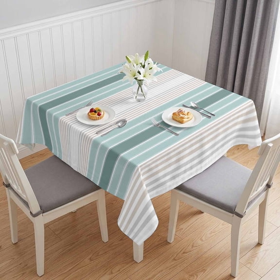 Teal Aqua Stripes Table Cloth Waterproof Tablecloths, Minimalist Abstract Vertical Lines Tablecloth Dining Table Cover for Kitchen Party Tabletop Outdoor, Square Tablecloth 54x54 Inch