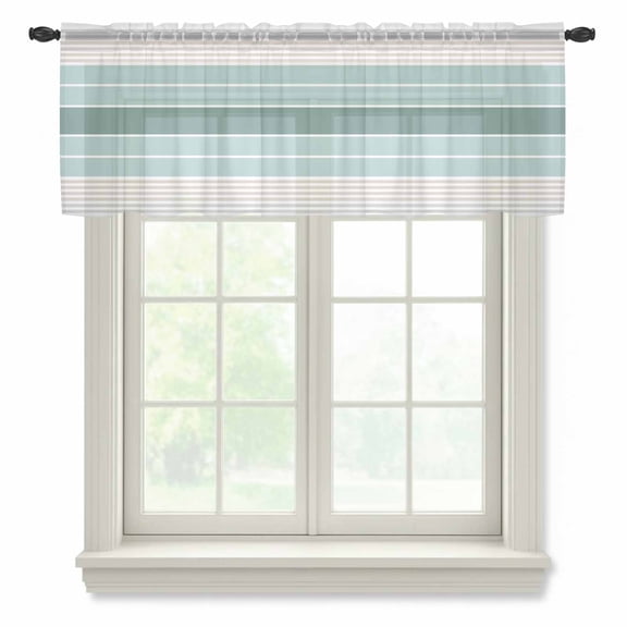 Teal Aqua Stripes Valance Curtains for Kitchen/Living Room/Bathroom/Bedroom Window, Rod Pocket Small Topper Half Short Window Curtains Voile Sheer Scarf, Modern Ombre Abstract Aesthetics 42"x12"