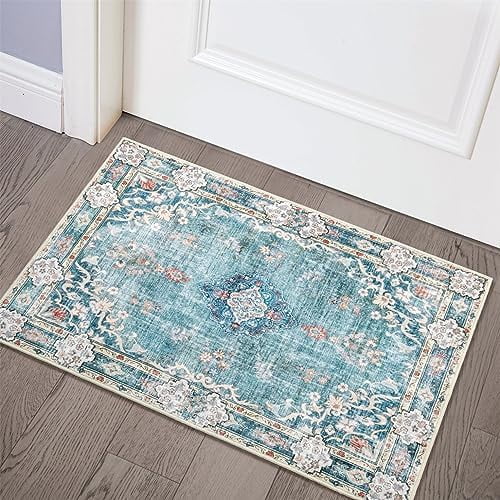 Teal Area Rug Small Rugs Boho Machine Washable Rugs Non Slip for Entryway Kitchen Bathroom Bedroom Vintage Soft Low-Pile 2'x3' Blue Flowers Colorful