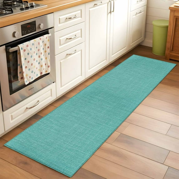 Teal Area Rugs 2x6 for Kitchen Runner Rug, Farmhouse Burlap Solid Green Color Modern Linen Texture Non Slip Washable Rug Runner, Low Pile Indoor Floor Carpet Mat Bathroom Rugs for Bedroom, Kids Room