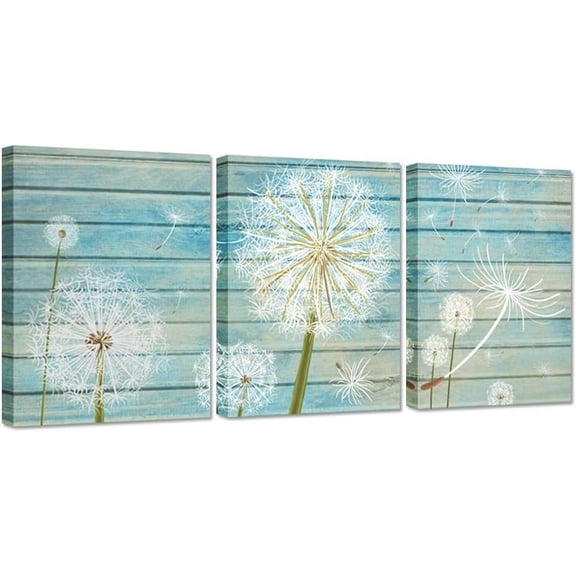 Teal Art Home Decor 3 Pieces Flower Canvas Wall Art White Dandelion on Blue Wood Background Neutral Floral Picture Stretched and Framed for Rustic Home Decor Ready to Hang 12x16inchx3pcs
