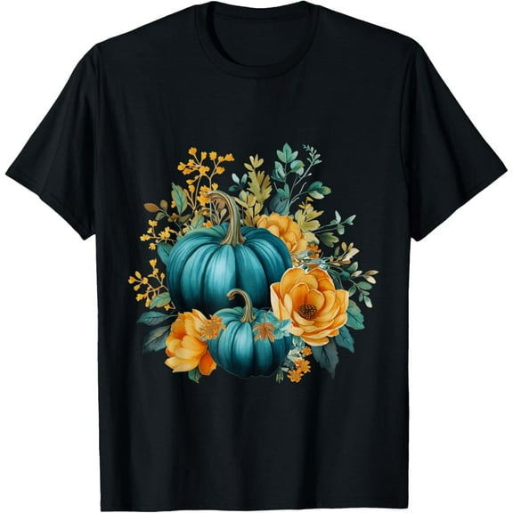 Teal Autumn Pumpkin Floral Fall Harvest Foliage T-Shirt