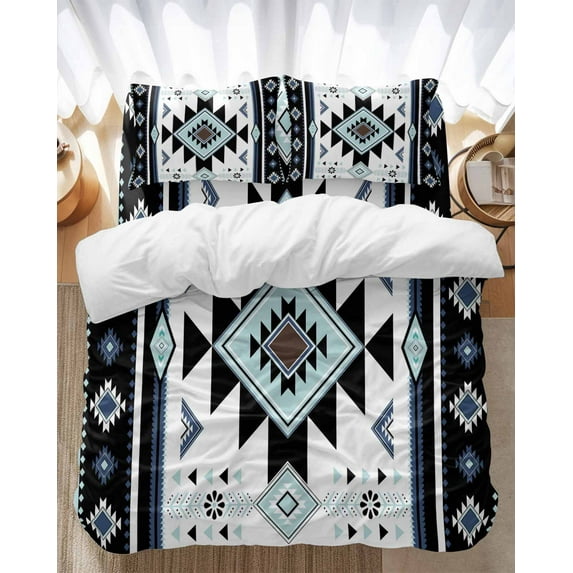 Teal Aztec Bedding Duvet Cover Set Twin Size 4 Pieces Tribal Vintage Art Abstract Art Bedding Set with Zipper Closure, 1 Comforter Cover 68x86 Inches 1 Flat Sheet & 2 Pillow Cases