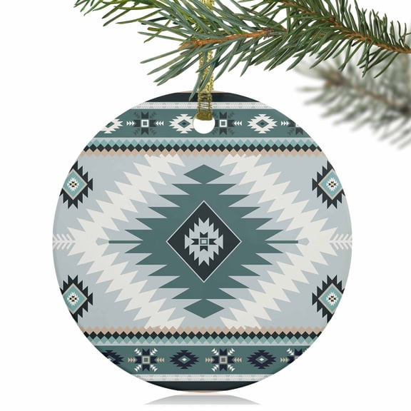 Teal Aztec Tribal Style Christmas Ceramic Ornament 2025,3" Round Xmas Tree Hanging Accessories with Gold Ribbon