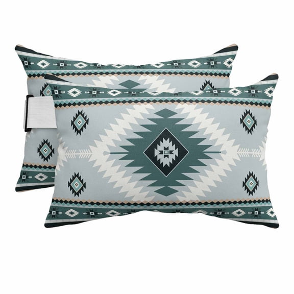 Teal Aztec Tribal Style Outdoor Pillow for Chaise Lounge Chair,Ethnic Southwest Native Pattern Waterproof Headrest Lumbar Pillows with Insert&Elastic Strap for Patio Pool Garden Chairs Decor,2 Pack