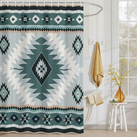 Teal Aztec Tribal Style Shower Curtain Set, Waterproof Shower Curtains With Grommet Hooks, Ethnic Southwest Native Pattern Privacy Bathroom Curtain for Bathtub 72x72IN