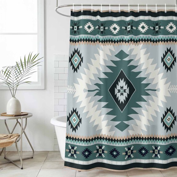 Teal Aztec Tribal Style Shower Curtain Set, Waterproof Shower Curtains With Grommet Hooks, Ethnic Southwest Native Pattern Privacy Bathroom Curtain for Bathtub 60x72IN