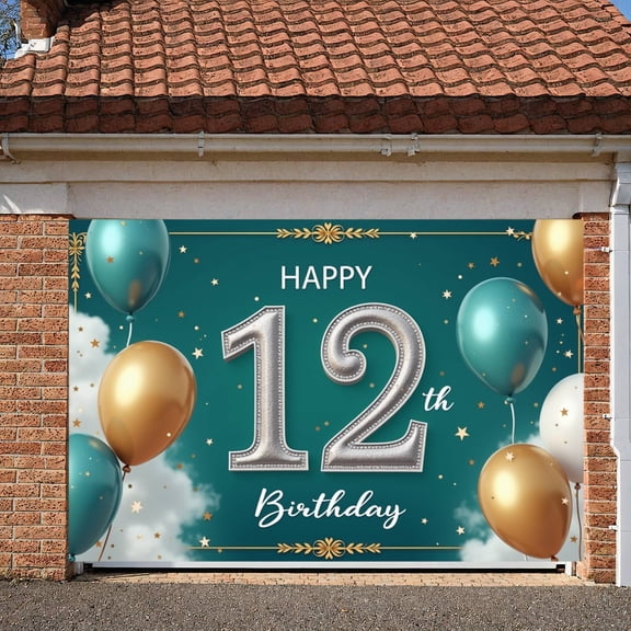 Teal Background 12th Birthday Banner Gold Balloons Happy Birthday Display Silver  Numbers Star Decorations Birthday Backdrop for 12th Birthday Party Teen Celebration Photo Shoot Backdrop