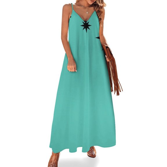 Teal Background Black Starburst Design Sleeveless Suspender Dress Summer Fashion Casual Long Dress