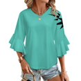 thumbnail image 1 of Teal Background Black Starburst Design Women's V-Neck Blouse With 3/4 Ruffled Bell Sleeves Casual Top Ladies Blouses, 1 of 7