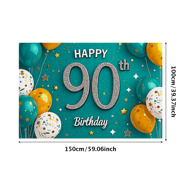 Teal Background Happy 90th Birthday Banner with Glittery Balloons and Star Elements Birthday Party Decoration Photography Props Backdrop Party Supplies