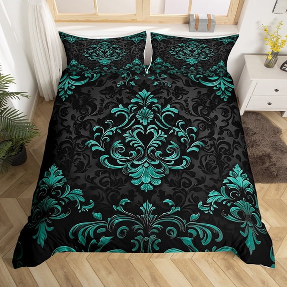Teal Baroque Damask Duvet Cover King, Hippie Flower Floral Bedding Sets King Size, Vintage Victorian Comforter Cover King, Breathable Bedroom Decorative, Zipper Closure and Reversible 3 Pieces