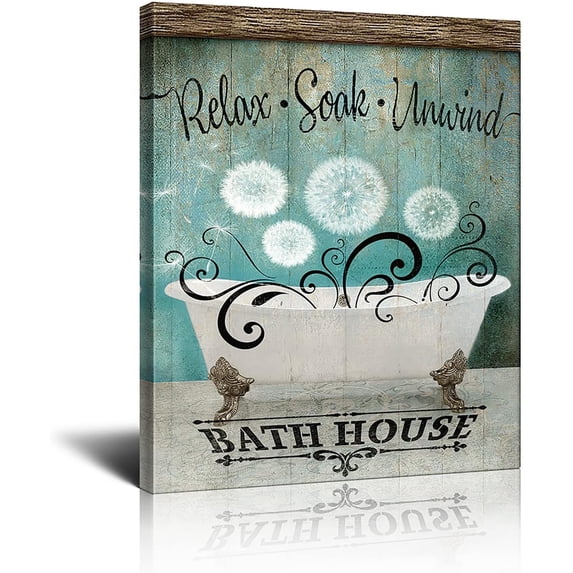Teal Bathroom Canvas Wall Art Bathtub Wall Art Turquoise Background Dandelion Picture Modern Home Wall Decor For Bathroom Ready To Hang,12x16 Inch