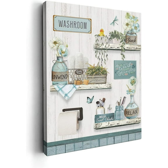 Teal Bathroom Decor Wall Art Farmhouse Flower and Butterfly Bathroom Poster Mason Jar Floral Picture Canvas Print Décor for Bathroom Bedroom Framed Artwork 12x16 inch