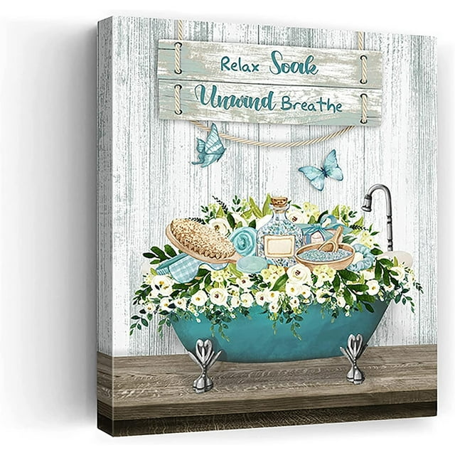 Teal Bathroom Wall Decor Flower Bathtub Wall Art Relax Soak Unwind Wall