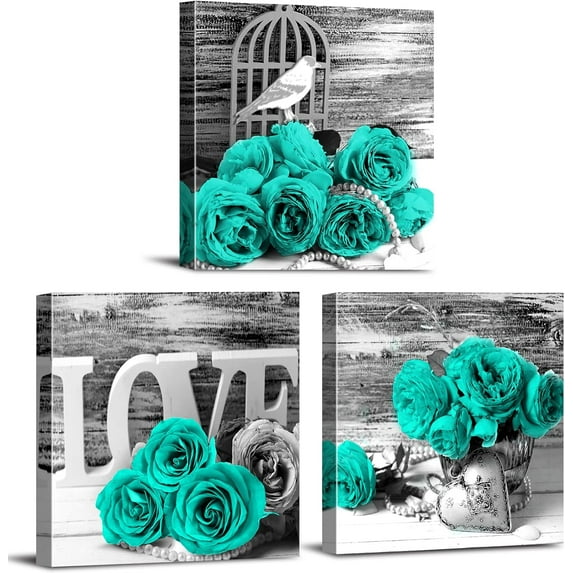 Teal Bathroom Wall Decor Turquoise Teal and Grey Rose Wall Art for Bedroom Living Room Accessories Love Sign Aqua Green Flower Pictures Floral Poster Canvas Artwork Kitchen Home Decoration 12x12" 3