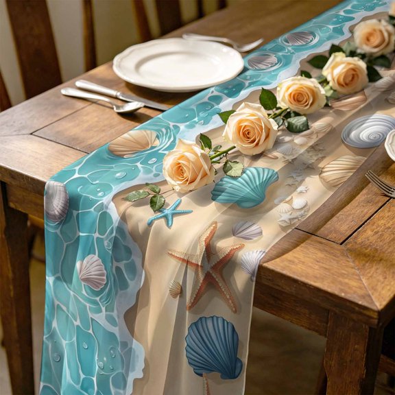 Teal Beach 4.5 ft Cheesecloth Table Runner for Wedding 19"x55", Water Ripped Starfish Shell Shore Coastal Kitchen Dinner Sheer Tulle Chiffon Dresser Scarf, Holiday Party Decorations