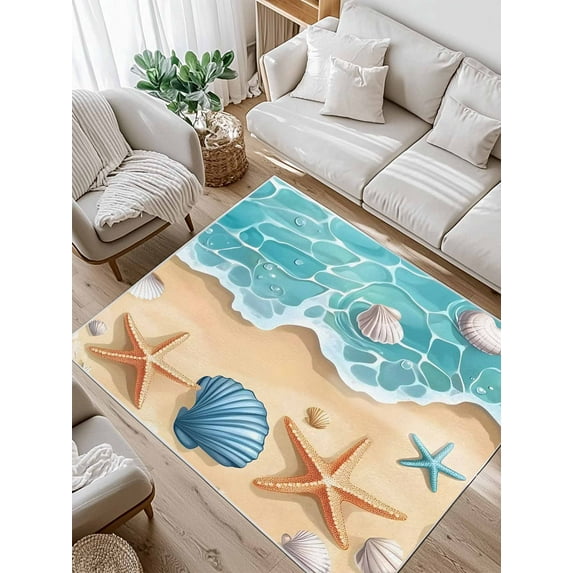 Teal Beach Area Rug for Bedroom 5x7 Ft Water Ripped Starfish Shell Shore Coastal Super Soft fuzzy Throw Rug Non-Slip Fluffy Plush Indoor Floor Carpet for Living Room Nursery Home Decor