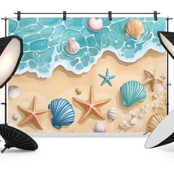 Teal Beach Backdrop for Photography, Water Ripped Starfish Shell Shore Coastal Photo Backdrop Portrait Background Party Banner Photo Backgrounds for Studio Booth Props, 8x6ft
