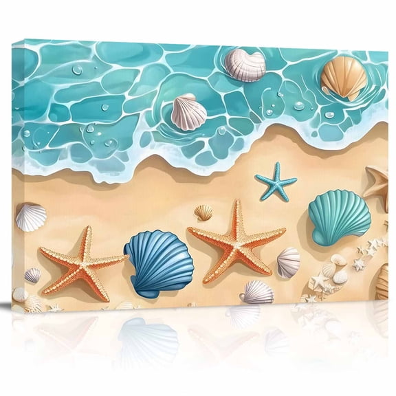 Teal Beach Canvas Print Wall Art Water Ripped Starfish Shell Shore Coastal Pictures Painting Morden Artwork for Living Room Bedroom, Ready to Hang - 12"x16"