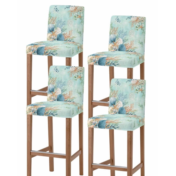 Teal Beach Coastal Bar Stool Covers Set of 4, Summer Nautical Coral Shell Botanical Stretch Washable Bar Chair Covers with Backs, Removable Pub Counter Height Chair Cover for Kitchen Dining Room Cafe