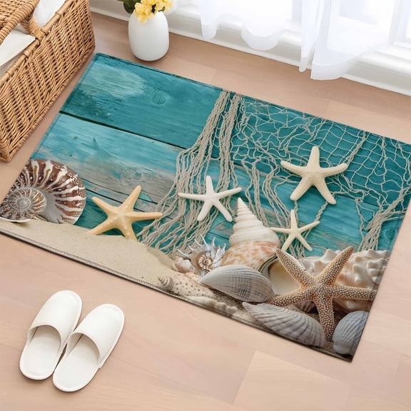 Teal Beach Coastal Bathroom Rug Washable 2x3 Entryway Rug Non Slip Summer Ocean Starfish Shell Conch Front Door Mat Low Pile Indoor Doormat Throw Floor Carpet for Kitchen Bedroom Entrance