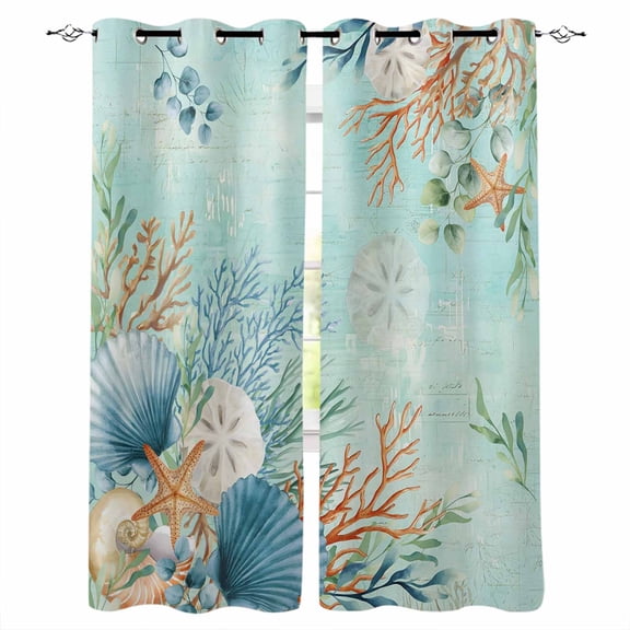 Teal Beach Coastal Blackout Curtains for Bedroom, Summer Nautical Coral Shell Botanical Thermal Insulated Kitchen Drapes with Grommets, Light Blocking Window Treatment, 2 Panels 27.5" x 39"